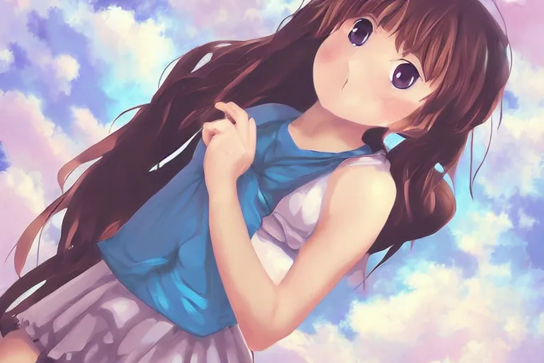 Image similar to a cute anime girl sitting on a cloud, digital painting, anime, portrait