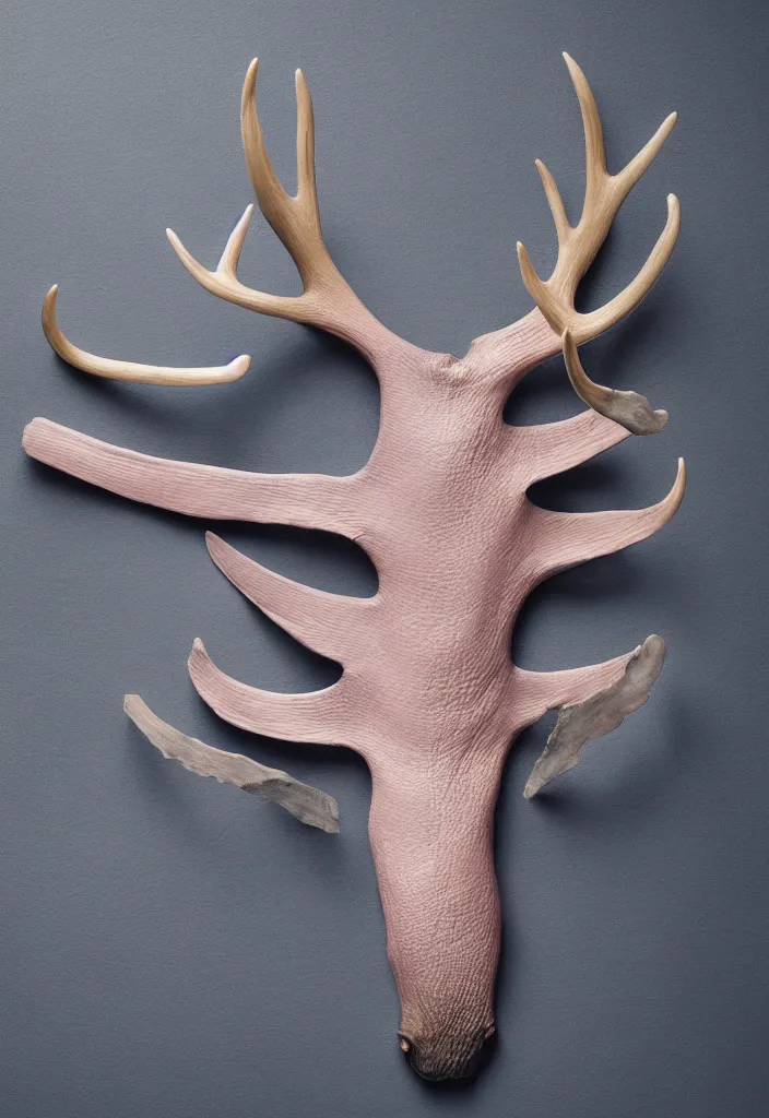 Prompt: delicate pale pink guts, antlers ,melted wax, sharp slate. complementary color scheme. national geographic. 8k, rendered in octane, smooth gradients. blue whale