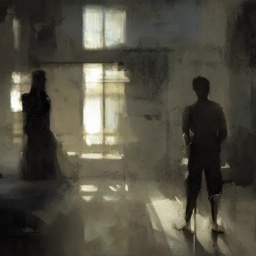 Image similar to contre - jour portrait of a young couple digital art by jeremy mann - triangle composition