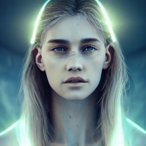 Image similar to closeup portrait art of female angel, art by alessio albi 8 k ultra realistic, angel wings, lens flare, atmosphere, glow, detailed, intricate, full of colour, led lighting, trending on artstation, 4 k, hyperrealistic, focused, extreme details, unreal engine 5, masterpiece