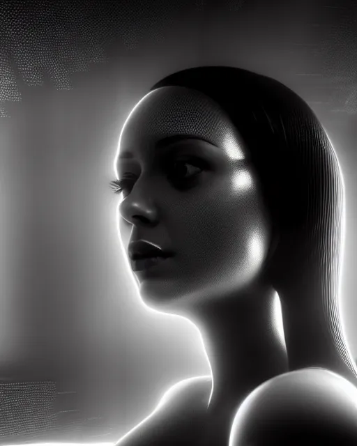 Image similar to black and white high quality photo of a beautiful futuristic female posthuman-cyborg looking into a sci-fi mirror, volumetric lighting, liminal space, brutalism, foggy, dreamy, hyperdetailed, bokeh, photorealistic, cinematic, masterpiece, Metropolis, elegant, dark, octane render, 8K, in the style of Dora Maar and Man Ray