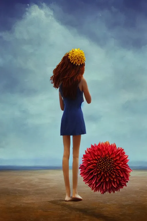 Image similar to closeup giant dahlia flower head, girl standing on beach, surreal photography, blue sky, sunrise, dramatic light, impressionist painting, digital painting, artstation, simon stalenhag