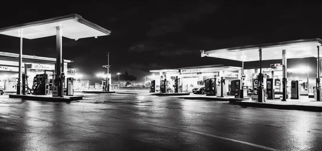 Image similar to Look of a lonely gas station, rain, night, noire moody scene, digital art, 8k, moody details