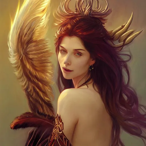 Image similar to a great lucifer, with beautiful wings, beautiful feather, demon horn with fire on head, long dark hair, intricate, elegant, highly detailed, digital painting, artstation, concept art, smooth, sharp focus, illustration, art by artgerm and greg rutkowski and alphonse mucha