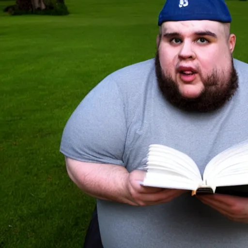 Prompt: very obese man with a t-shirt and a cap with the letter P, writing on a book