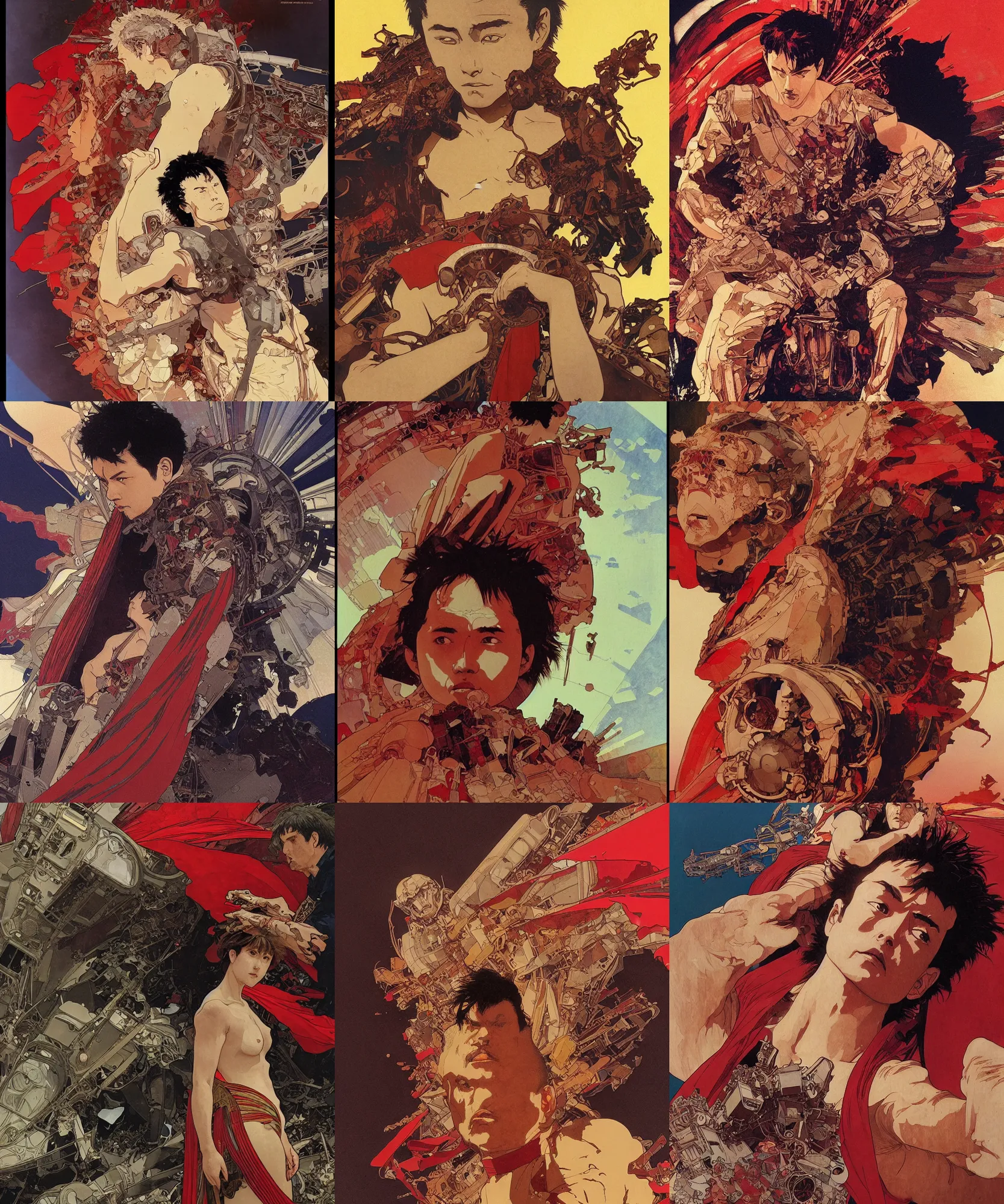 Prompt: katsuhiro otomo greg rutkowski alphonse mucha, a movie still of destroyed tanks and a close up of tetsuo with red cape from akira, vibrant colors and hard shadows and strong rim light, comic cover art, plain background, trending on artstation, in the style of katsuhiro otomo greg rutkowski alphonse mucha