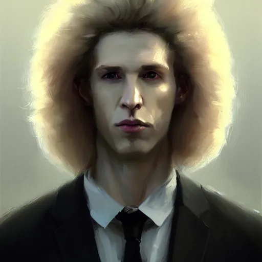 Image similar to Portrait of an androgynous man by Greg Rutkowski, he is about 30 years old, mixture between russian and irish, long fluffy blond curly hair, attractive, extremely pale white skin, smart looking, he is wearing a black futuristic lawyer outfit, highly detailed portrait, scifi, digital painting, artstation, concept art, very very very pale skin, very very long curly blond hair, smooth, sharp foccus ilustration, Artstation HQ