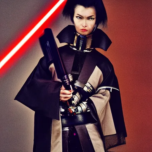 Prompt: vogue magazine half length portrait photo of a cyberpunk samurai with a lightsaber katana
