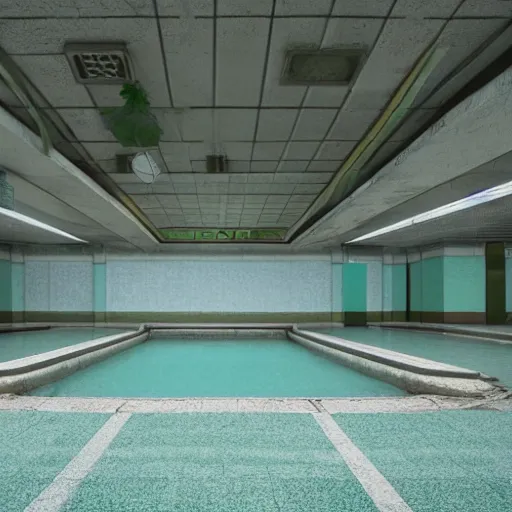Prompt: pastel colors, hd 8 k, abandoned, overgrown, vaporwave, detailed, realistic, pool at the subway station
