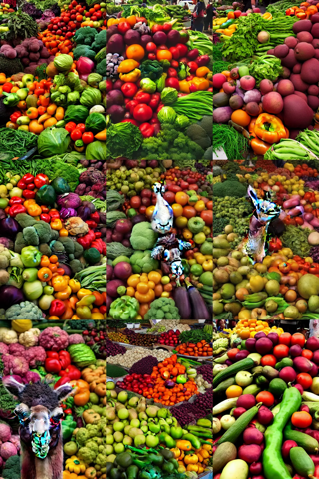 Prompt: vegetable market, llama face in a pile of fruits that looks like a llama face, street photography, artstation, cute fluffy, 5k