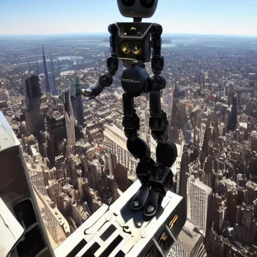 Prompt: An antropomorphic robot with a gun climbs to the empire state building