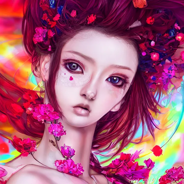 Image similar to studio portrait absurdly beautiful, elegant, lovely, young hypercolorful sensual anime woman rubies red petals gems, ultrafine hyperrealistic detailed face illustration by kim jung gi, irakli nadar, intricate linework, sharp focus, bright colors, matte, octopath traveler, final fantasy, unreal engine highly rendered, global illumination, radiant light, intricate rainbow environment