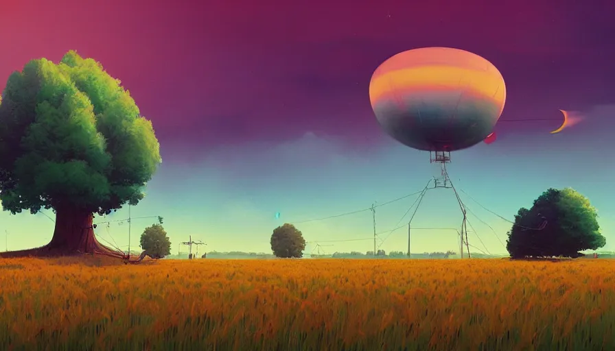 Image similar to colourful sky, wheat field, radio telescope, big trees, matte painting, art station, digital art, simon stalenhag