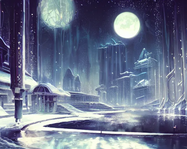 Image similar to scenery artwork, scene beautiful, light!! light essential futuristic winter world snow and night, surrealism oil on canvas, artstation!! pixiv!! dream scenery, quality astral projection render, nier automata concept art, vaporwave textures