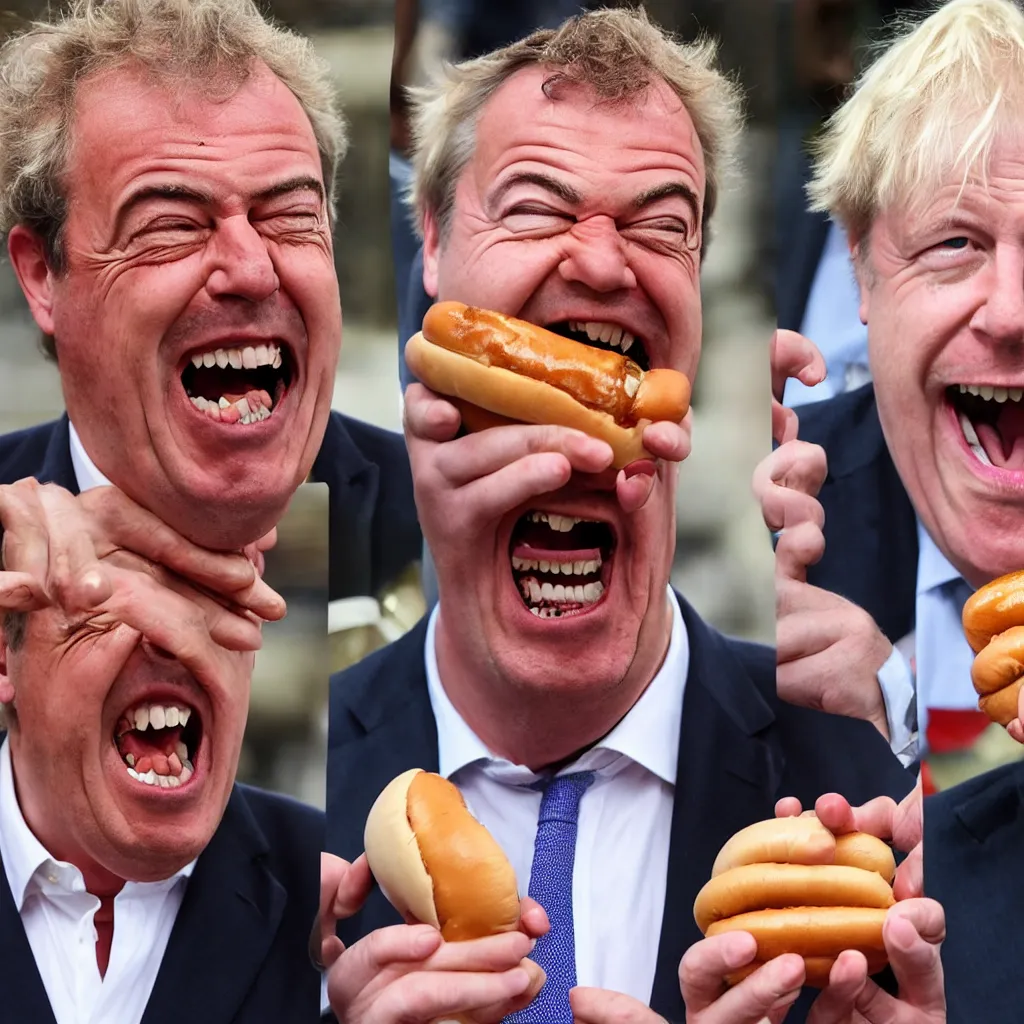 Image similar to jeremy clarkson shouting angry, nigel farage shouting angry, boris johnson shouting angry, all fighting over hot dogs