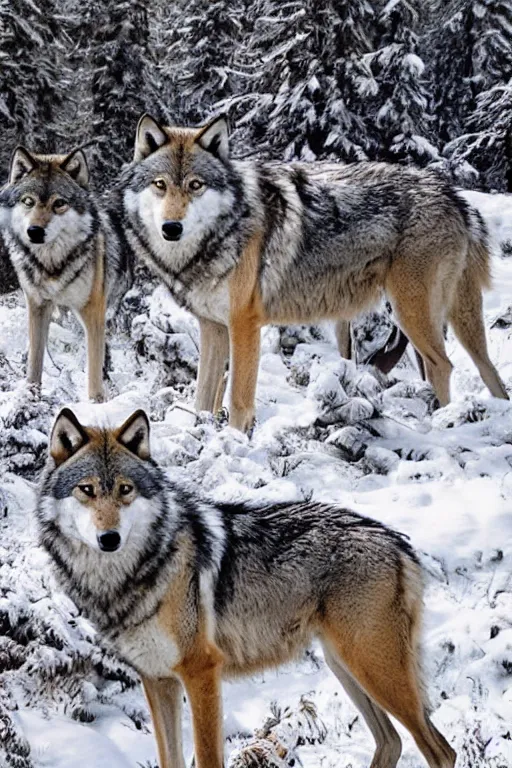 Prompt: wolves in forest winter