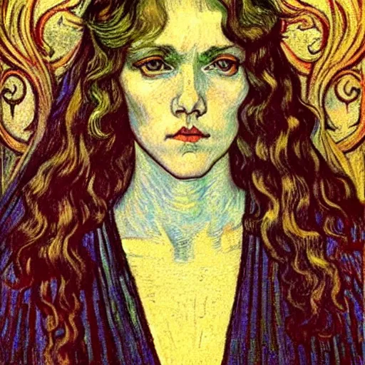 Image similar to detailed realistic beautiful young medieval queen face portrait by jean delville and vincent van gogh, art nouveau, symbolist, visionary, gothic, pre - raphaelite