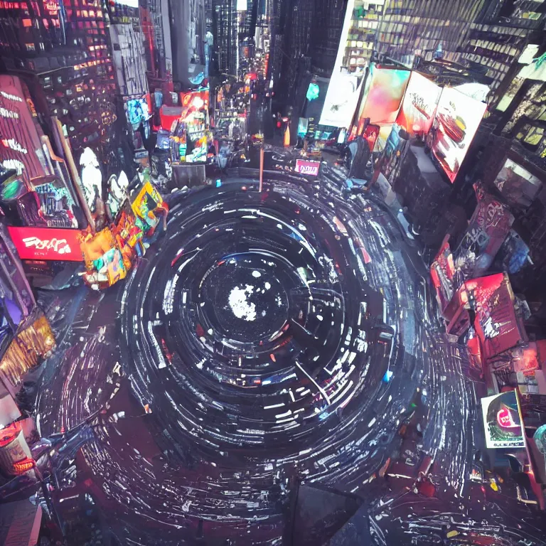 Prompt: a miniature black hole sculpture. there are neon lights next to it. the sculpture is on the streets of times square. 8 k, ray tracing, 3 d render, volumetric lighting, hdr, high quality, colorful, unreal engine