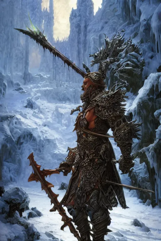 Prompt: a D&D death knight posing in front of an icy landscape, intricate, highly detailed, artstation, concept art, illustration, sharp focus, art by ralph horsley and alphonse mucha