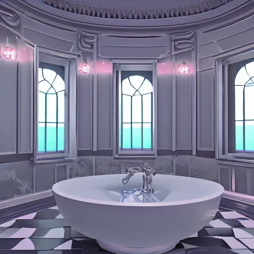 Image similar to vaporwave bathroom, liminal space, high detail, rendered in unreal engine, 3d render, god rays, volumetric lighting, mansion, fancy interior, large windows, white diamonds