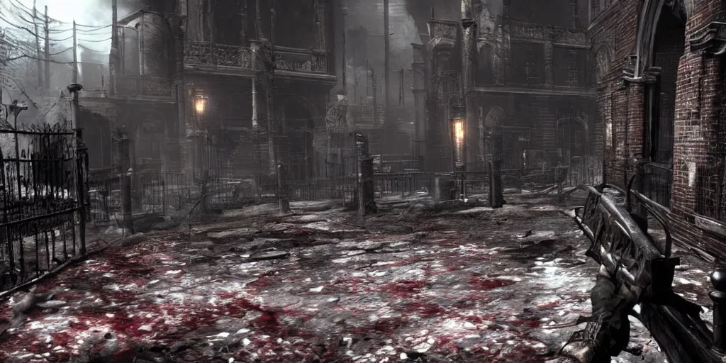 Image similar to mix between bloodborne and condemned criminal origins, terrifying game, shocking, dark