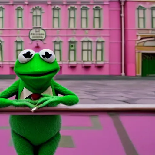 Image similar to a film still of kermit the frog in grand budapest hotel directed by wes anderson 2 0 1 4, pastel colors, 4 k, hd