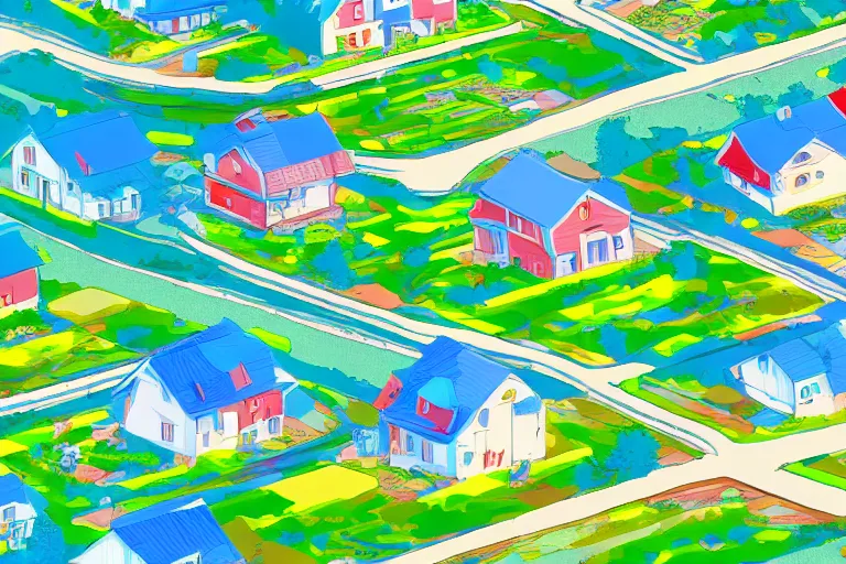 Prompt: rural houses sinking in the ground, clear blue sky, pop illustration, collage, anime style 4 k