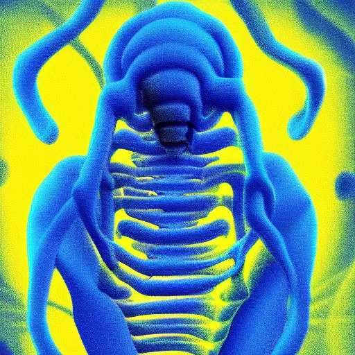 Image similar to human man that resembles a wasp morh in surreal sketch style, blue and yellow gradient, noise, ultrafine detail, hd 8k, logo illustration