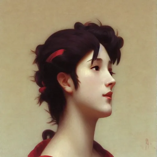 Image similar to A masterpiece head and shoulders portrait of Misato Katsuarig of NGE by William Adolphe Bouguereau and Makoto Shinkai