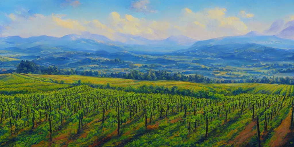 Prompt: a beautiful landscape painting of a sprawling vista with vineyards, by zohar flax, oil on canvas, highly detailed, hd, 4 k