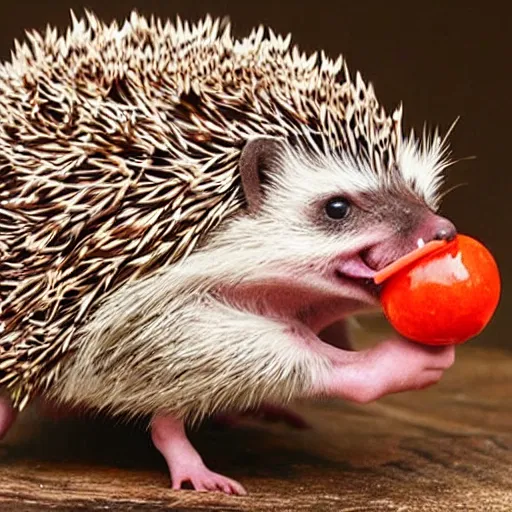 Image similar to still image of a cute hedgehog with pepperoni stuck to its back, photo