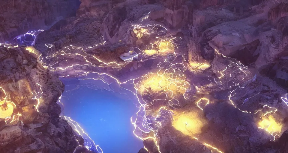 Image similar to night, a lot of people and a spiral - shaped white luminous attractor is floating in grand canyon, concept art, art for the game, professional lighting, art