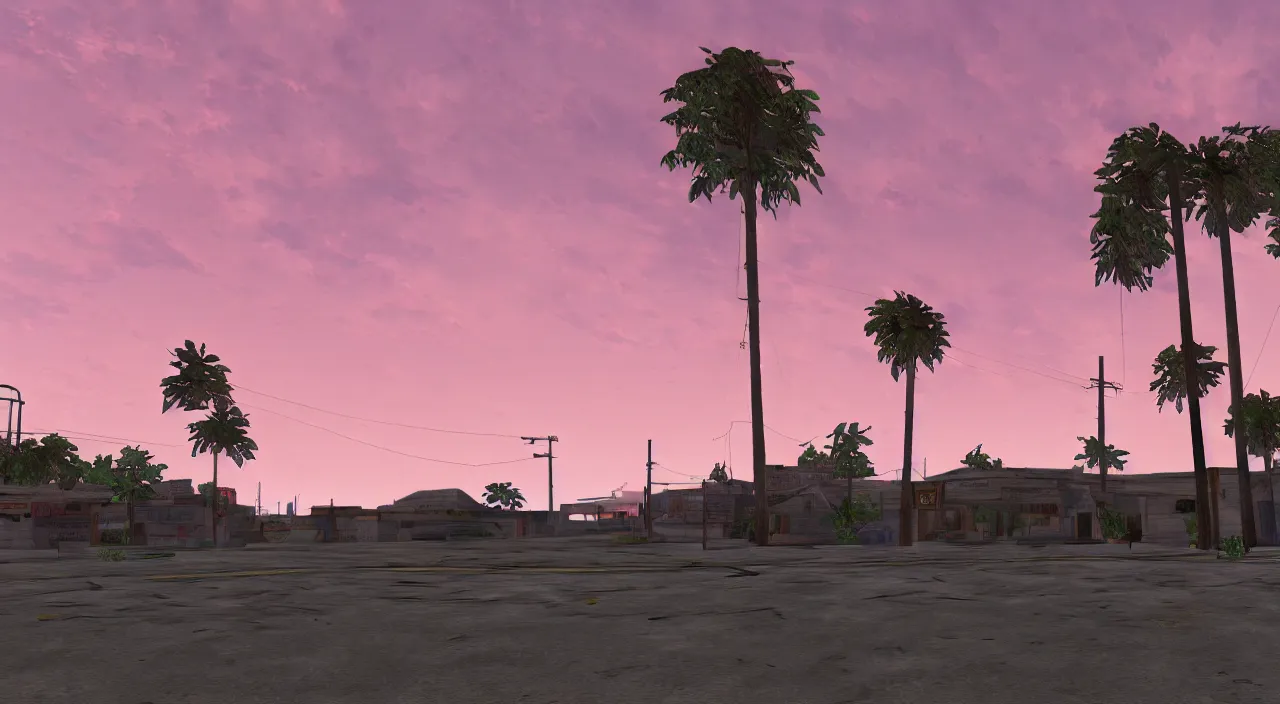 Image similar to hdr map of gta san andreas evening, pink sky, photorealistic, hyper detailed, hyper realistic, houdini, vfx, unreal engine 4, octane render, vray render, 8 k