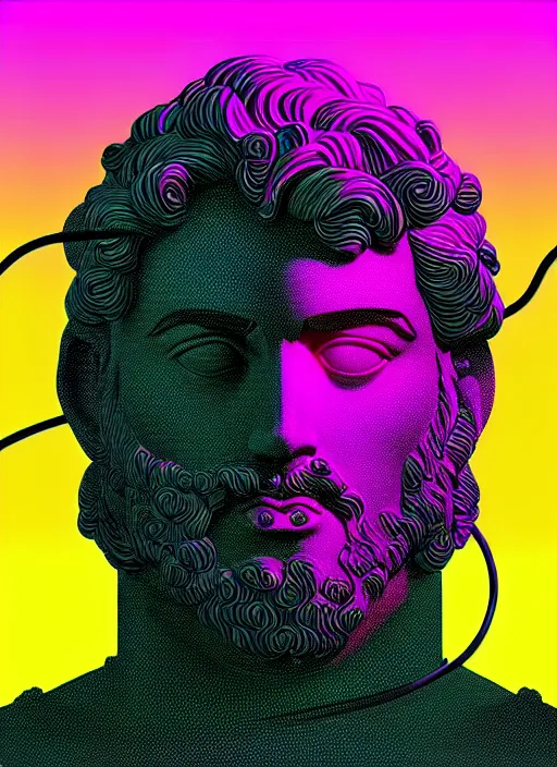 Image similar to statue of hercules, beeple, android jones, ( ( ( ( ( dan mumford ) ) ) ) ), vaporwave, retrowave, black background, neon wiring, black, glitch, strong contrast, cuts, pinterest, trending on artstation