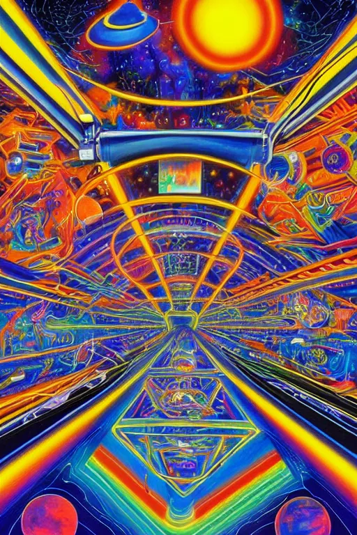 Prompt: a painting of the interior of an international space station filled with electronic equipment, an ultrafine detailed painting by alex grey, behance contest winner, psychedelic art, psychedelic, outlined art, poster art