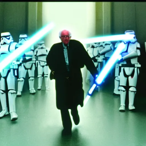 Image similar to Bernie sanders as a Jedi knight fighting storm troopers cinematic lighting, 35mm film