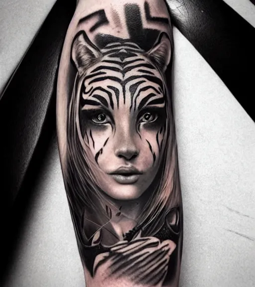 Prompt: tattoo design on white background of a beautiful girl warrior under a tiger head, hyper realistic, realism tattoo, by eliot kohek, beautiful eyes, realistic face, black and white