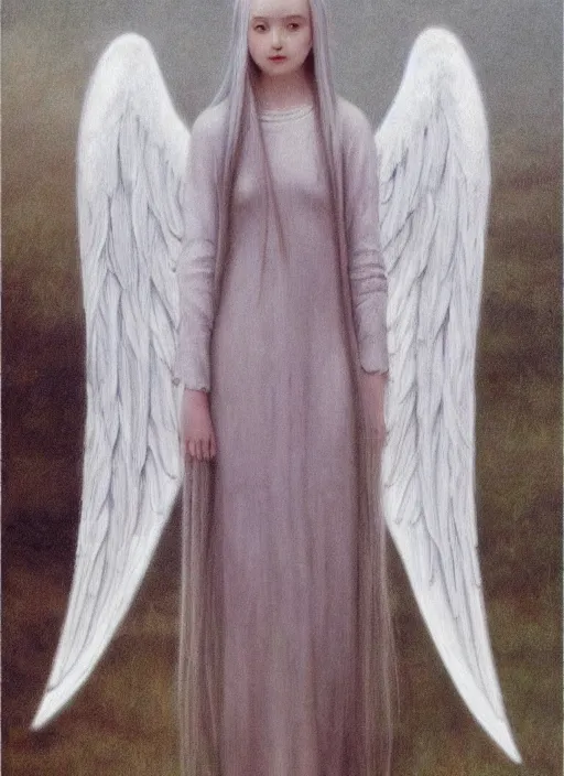 Prompt: thin young wan beautiful angel, silver hair so long, pale!, long silver hair, silver angel wings, smooth skin, wan adorable korean face, silver hair!!, style of fernand khnopff and lucien levy - dhurmer, oil on canvas, 1 8 6 2, 4 k resolution, aesthetic!,