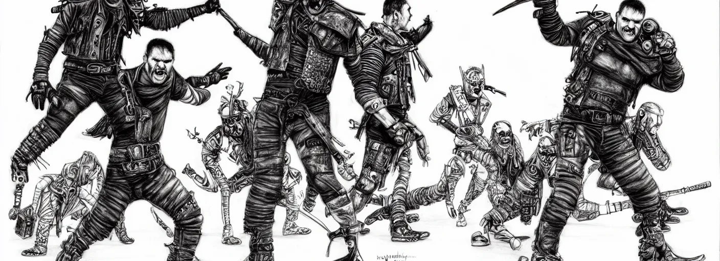 Image similar to mad max the road warrior walking silly in the ministry of silly walks, pencil drawing by james jean, very silly