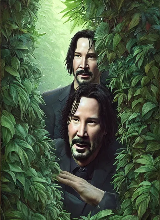 Image similar to highly detailed comedy caper movie poster with silly wacky zany keanu reeves hiding in leaves, keanu reeves face inside a leafy bush by greg rutkowski, masterpiece, really funny, 1 0 / 1 0 comedy