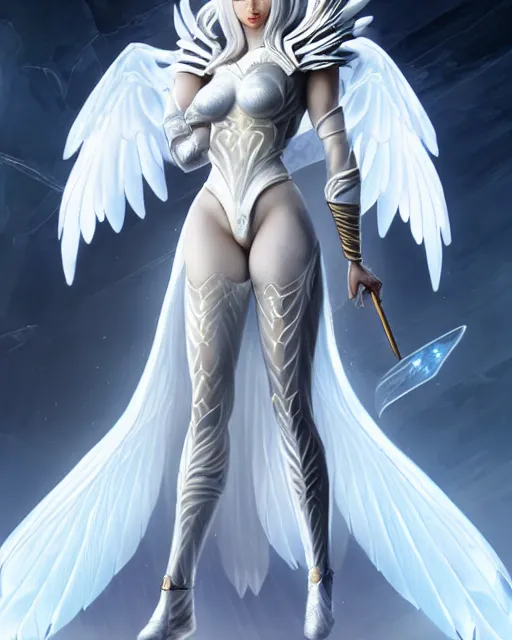 Image similar to perfect white haired egyptian goddess wearing white dove wings, warframe armor, regal, attractive, ornate, sultry, beautiful, dreamy, half asian, pretty face, blue eyes, detailed, scifi platform, 4 k, ultra realistic, epic lighting, android body, illuminated, cinematic, masterpiece, art by akihito tsukushi, voidstar, artgerm