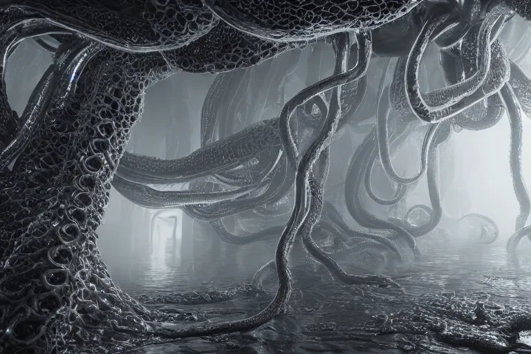 Image similar to ultra realist soft painting of the world of Lovecraft, gigantic oily tentacles, very intricate details, ultra dense fog, golden ratio, volumetric black and white lighting, reflections, refractions, symmetry accurate anatomy features, octane render