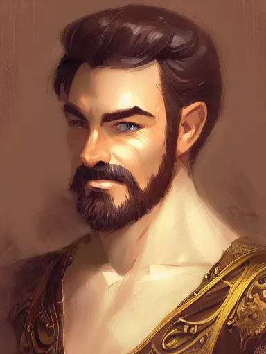 Prompt: a noble man smirking with flirty eyes. crossed arms, sitting in his chair. intricate, elegant, highly detailed, digital painting, artstation, concept art, sharp focus, illustration, by justin gerard and artgerm, 8 k