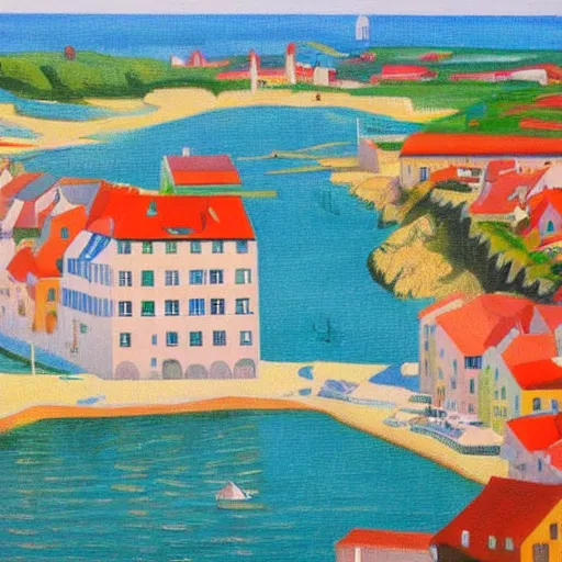Prompt: top view of a small european town by the sea with lots of tourists, ocean light, good dynamic range, good color, by Magritte, Oil Paint, Watercolor -n 6 -i