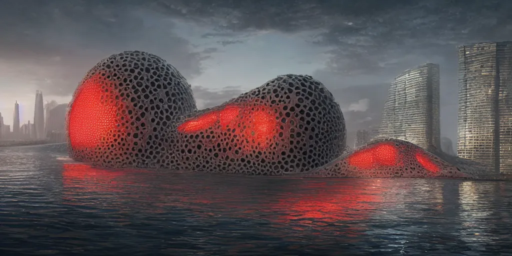 Image similar to An epic architectural rendering of a blob shaped trypophobia house with a mysterious red glow emitting from inside in a modern cityscape next to a river, by Zaha Hadid and Greg Rutkowski, tunning, gorgeous, golden ratio, photorealistic, featured on artstation, 4k resolution