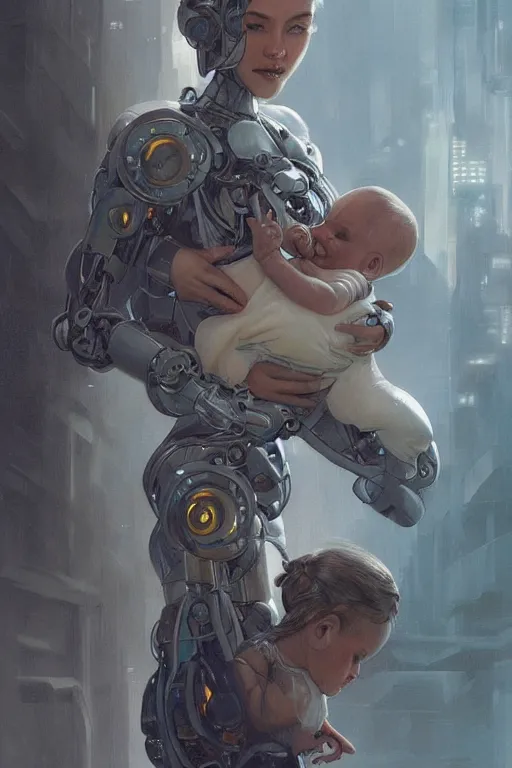 Prompt: Ultra realistic illustration, robot woman carrying a baby (baby with eyes closed), cyberpunk, sci-fi, fantasy, intricate, elegant, highly detailed, digital painting, artstation, concept art, smooth, sharp focus, illustration, art by artgerm and greg rutkowski and alphonse mucha