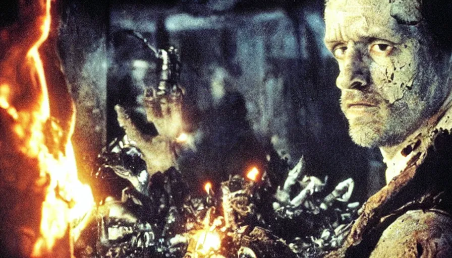 Prompt: Movie by Ridley Scott about an explosion in a 16th century alchemist lab that kills a lavishly dressed necromancer priest and kills a cyborg zombie