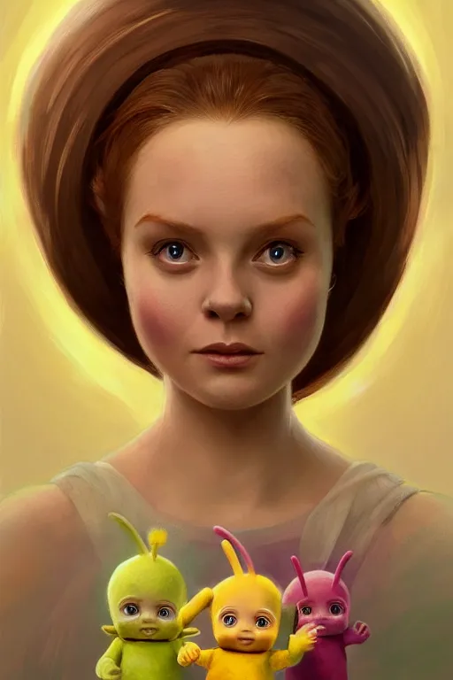 Image similar to teletubbies character portrait, intricate, elegant, highly detailed, digital painting, artstation, concept art, smooth, sharp focus, illustration, art by artgerm and greg rutkowski and alphonse mucha