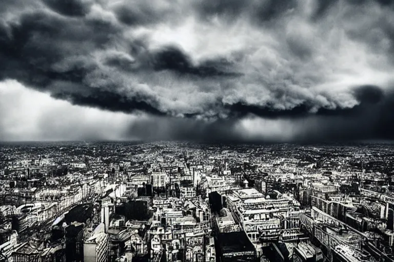Prompt: dark menacing clouds approaching a city, clouds, photography, hd, moody, realistic, by karcz, michal, by lacoste, raphael