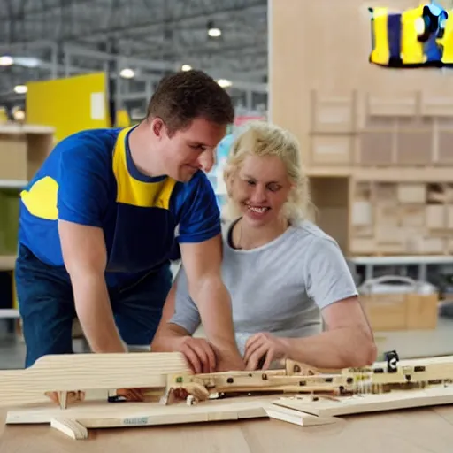Image similar to ikea employees building a wooden kit plane, photo realistic